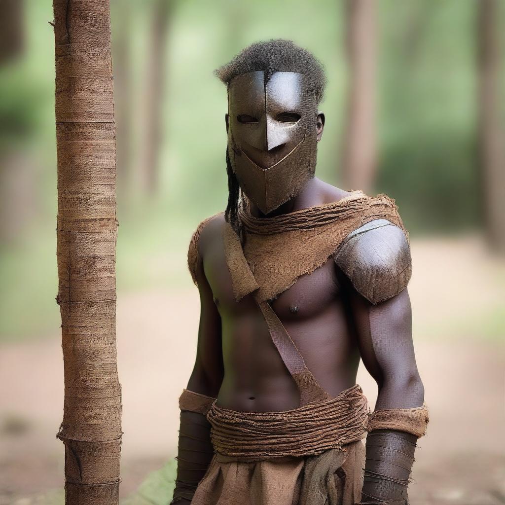 A young male human warrior wearing a primitive mask made out of a plank of wood