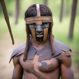 A young male human warrior wearing a primitive mask made out of a plank of wood