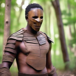 A young male human warrior wearing a primitive mask made out of a plank of wood