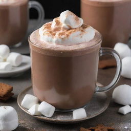 A steaming mug of rich, creamy hot chocolate topped with soft marshmallows and a dusting of cocoa powder.