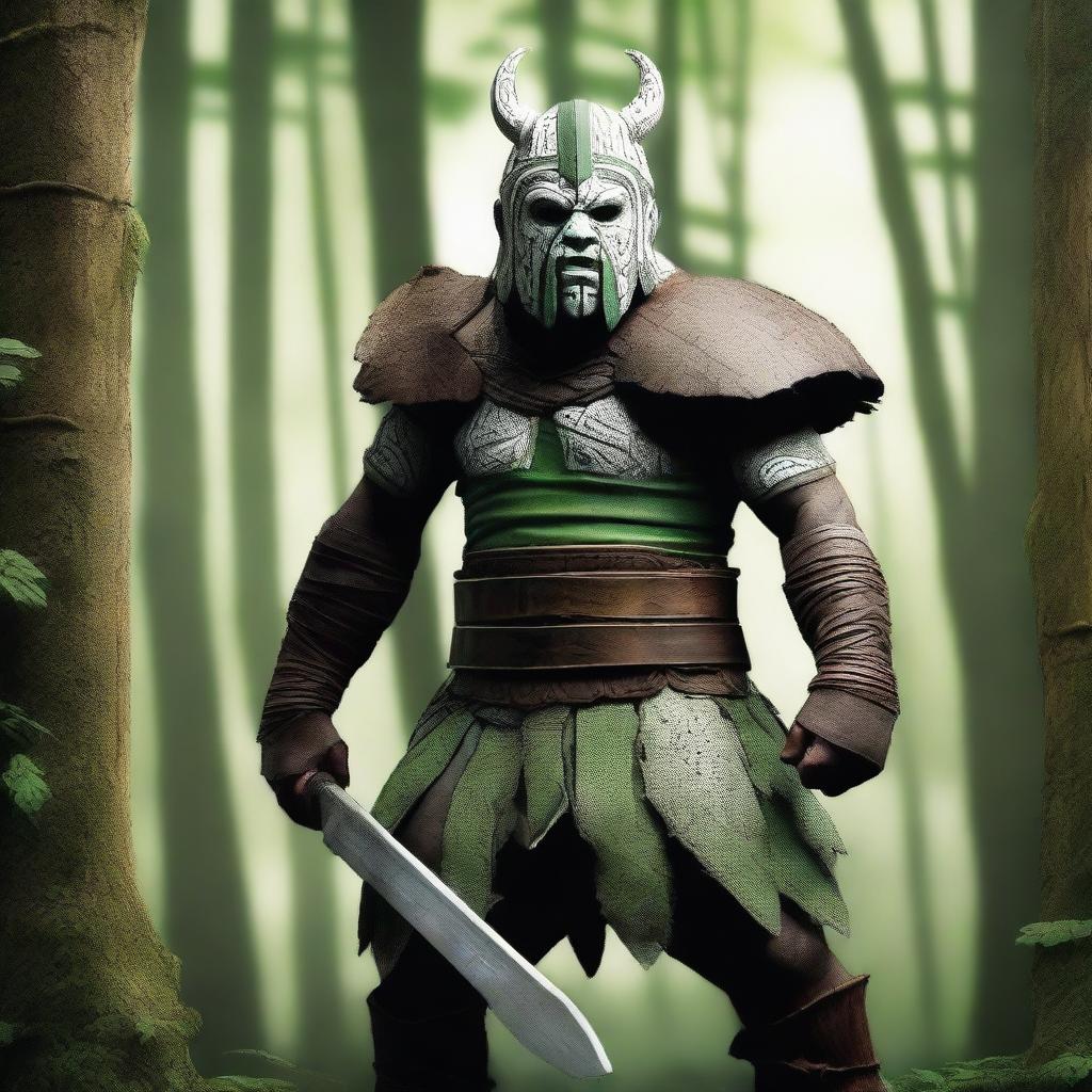 A male white warrior wearing a tribal war mask made out of a plank of wood, with his skin painted green to resemble an ogre