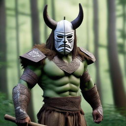 A male white warrior wearing a tribal war mask made out of a plank of wood, with his skin painted green to resemble an ogre