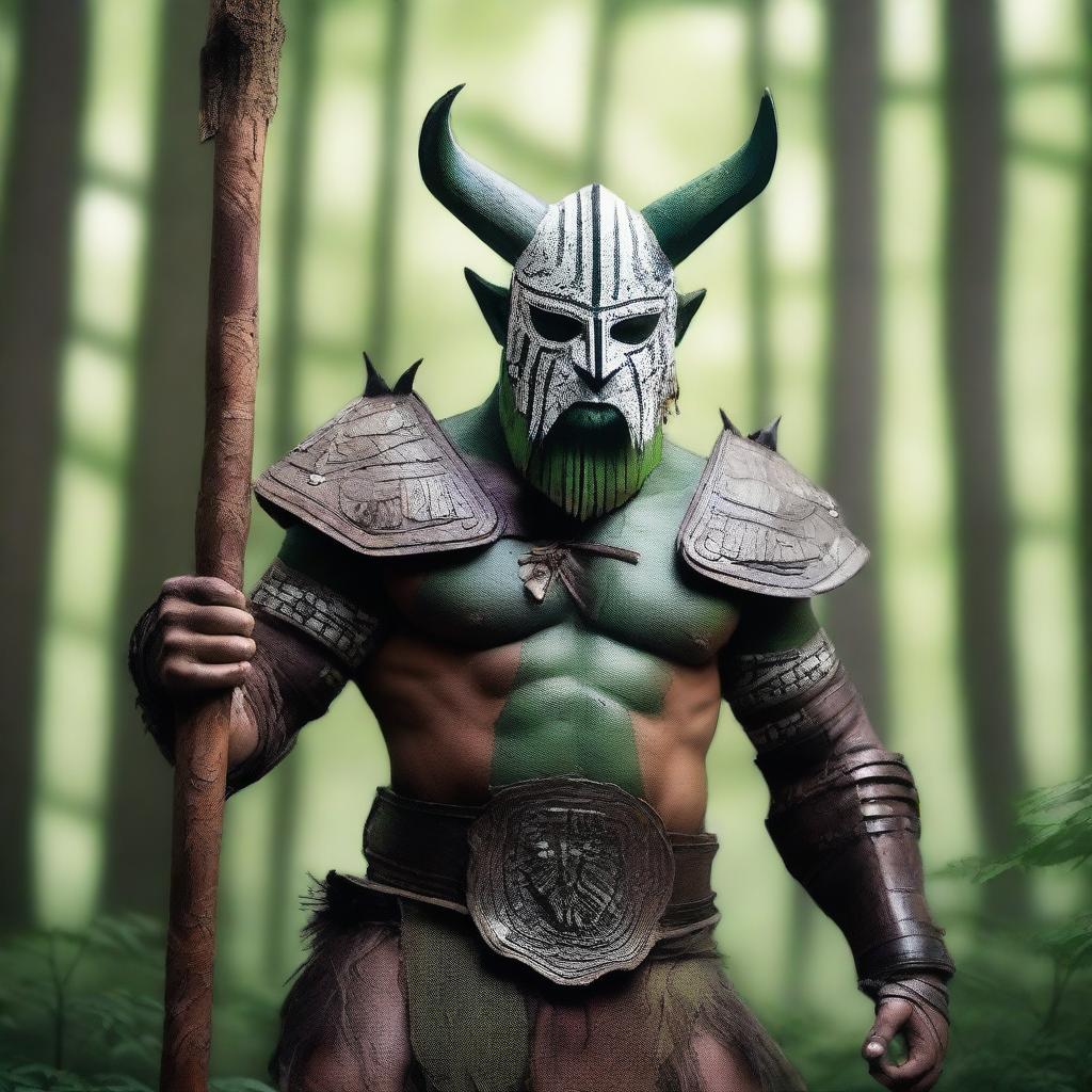 A male white warrior wearing a tribal war mask made out of a plank of wood, with his skin painted green to resemble an ogre