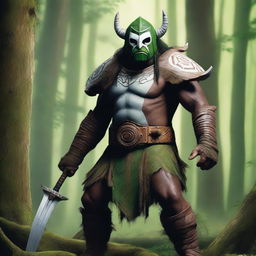 A male white warrior wearing a tribal war mask made out of a plank of wood, with his skin painted green to resemble an ogre