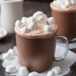 A steaming mug of rich, creamy hot chocolate topped with soft marshmallows and a dusting of cocoa powder.