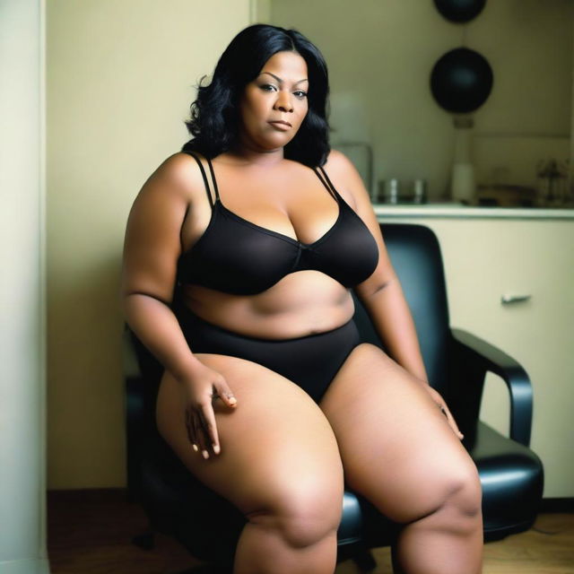 A 45-year-old housewife with slight overweight, wearing only a plain black bra and panties, sitting seductively on a chair in an apartment, looking furtively