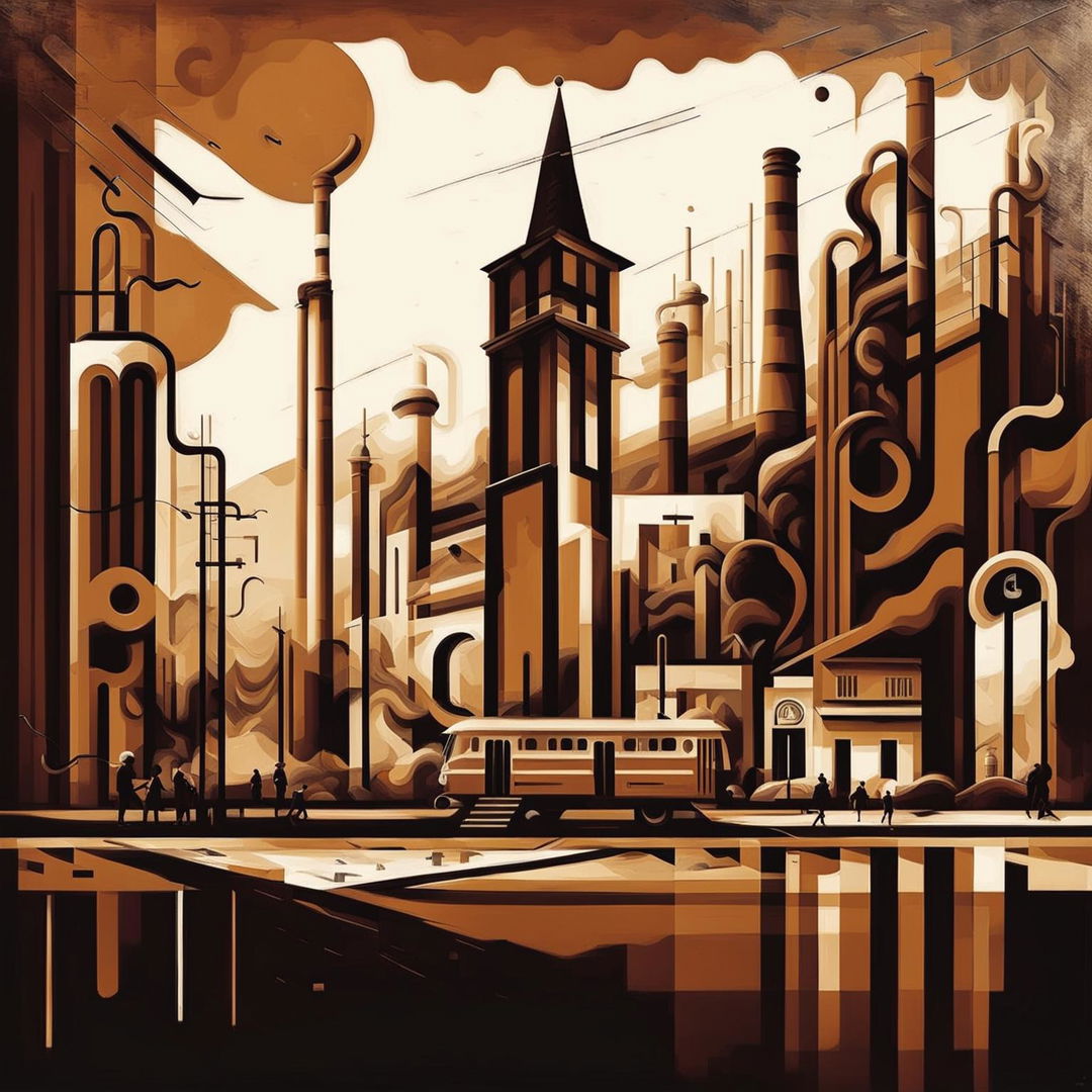 An abstract depiction of vintage Romania during the Communist era, using muted colors and geometric shapes to represent Soviet-style architecture, rural landscapes, and industrial scenes