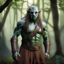 A male white human druid who grew up in a family of orcs and painted his skin green to look like them