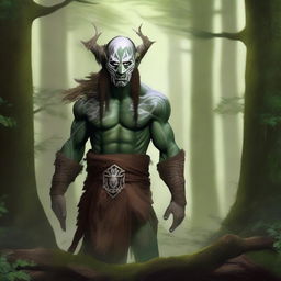 A male white human druid who grew up in a family of orcs and painted his skin green to look like them