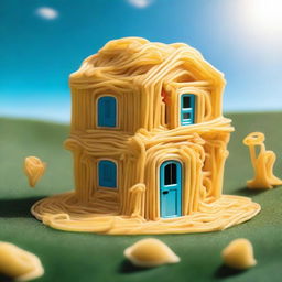 A whimsical house made entirely of spaghetti, with spaghetti walls, roof, and even windows made of pasta