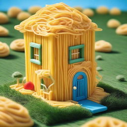 A whimsical house made entirely of spaghetti, with spaghetti walls, roof, and even windows made of pasta