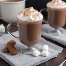 A steaming mug of rich, creamy hot chocolate topped with soft marshmallows and a dusting of cocoa powder.