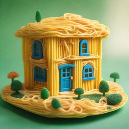 A whimsical house made entirely of spaghetti, with spaghetti walls, roof, and even windows made of pasta