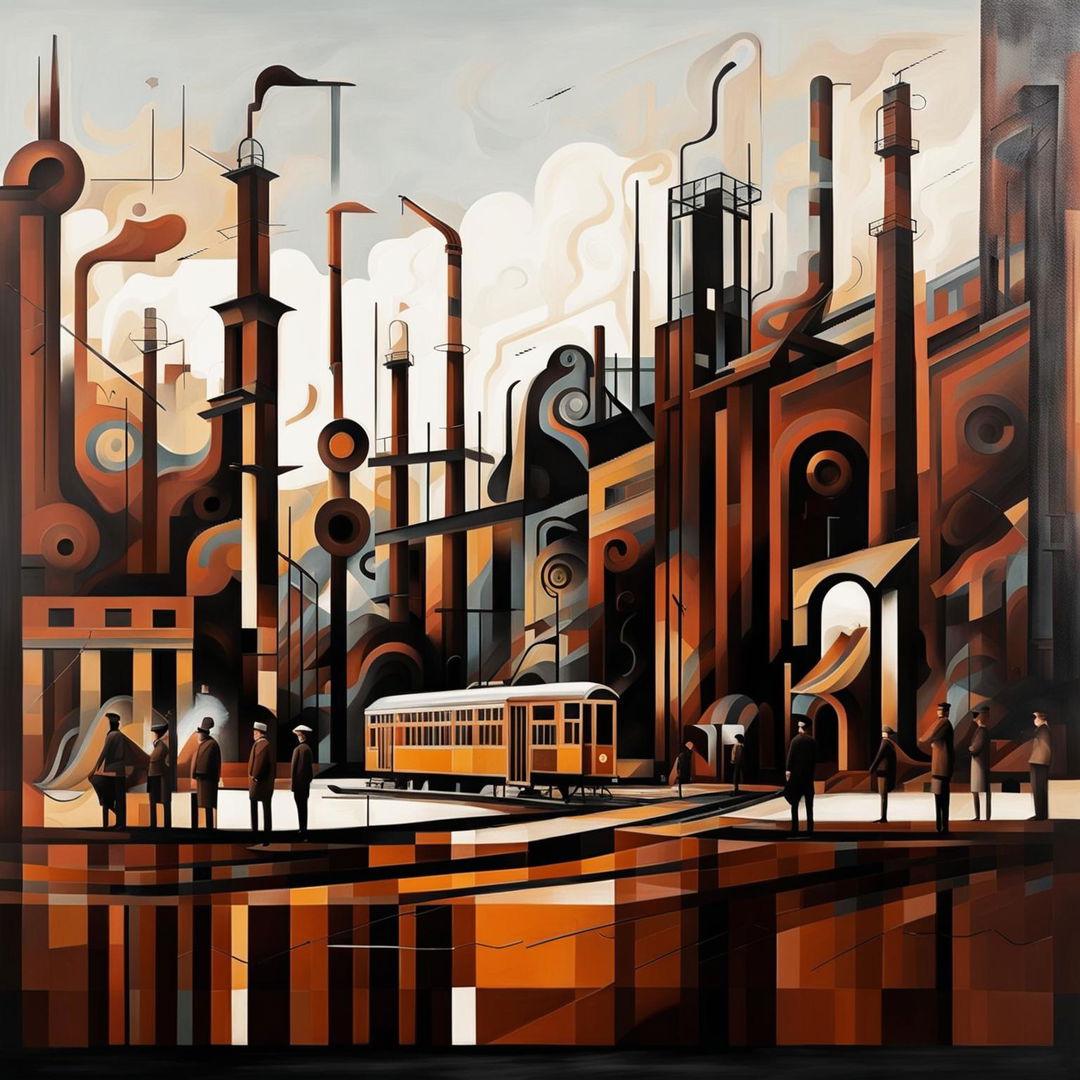 An abstract depiction of vintage Romania during the Communist era, using muted colors and geometric shapes to represent Soviet-style architecture, rural landscapes, and industrial scenes