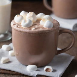 A steaming mug of rich, creamy hot chocolate topped with soft marshmallows and a dusting of cocoa powder.