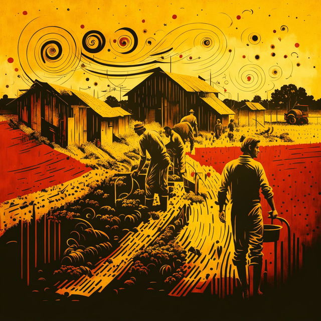 An abstract representation of vintage Romania during the Communist era, focusing on farming