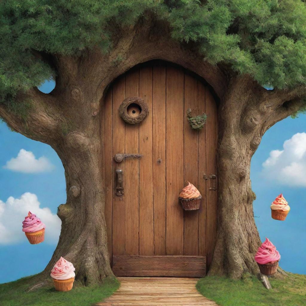 Illustrate the world behind the magical door, filled with extraordinary sights of walking trees and levitating cupcakes, indicative of extraordinary escapades awaiting each day.