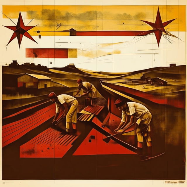 An abstract image of vintage Romania during the Communist era, focusing on farmland with traditional farmhouses, workers, and subtle Communist symbols, using muted earthy tones and an aged, textured background