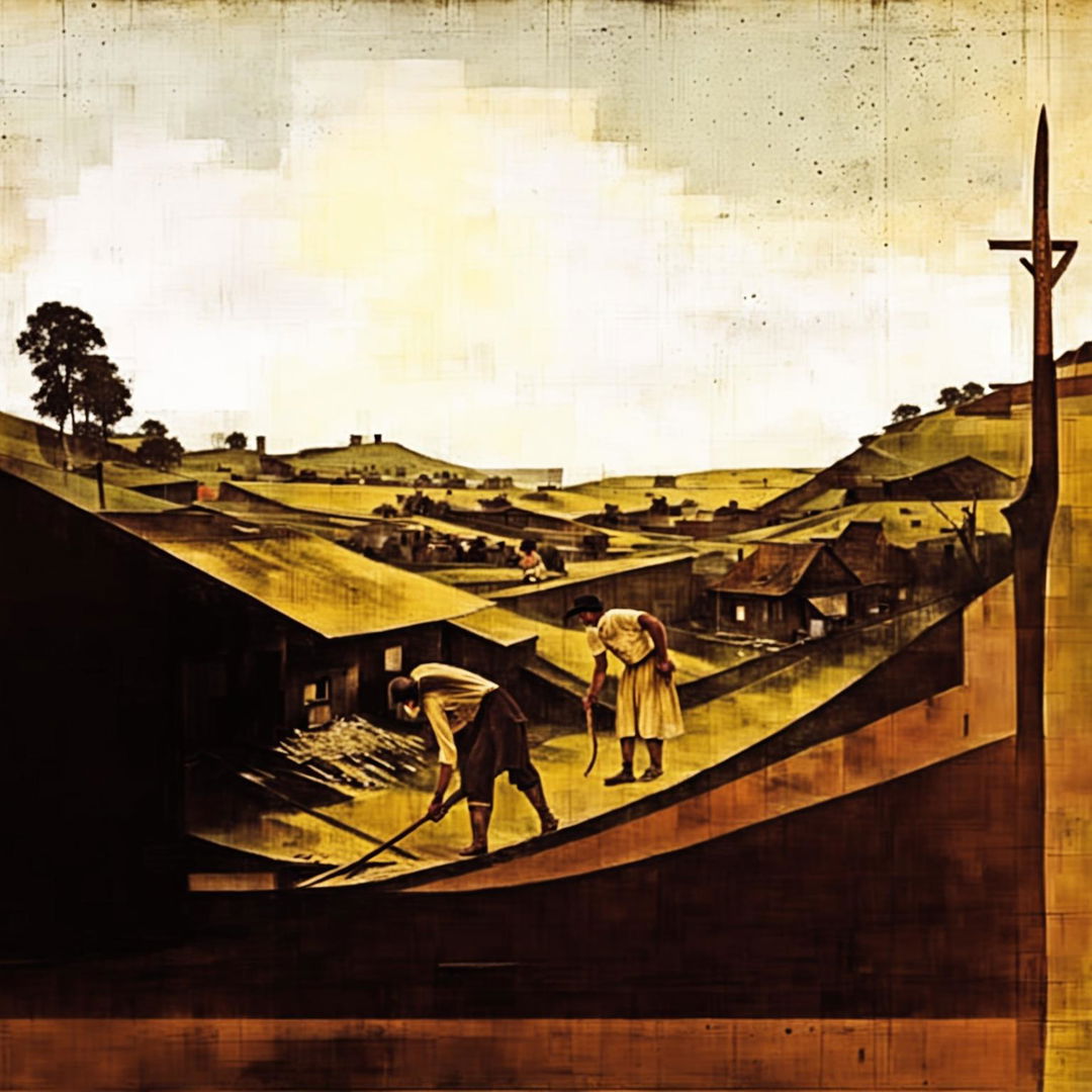 An abstract image of vintage Romania during the Communist era, focusing on rolling hills with traditional farmhouses, workers, and subtle Communist symbols in a muted, earthy color palette