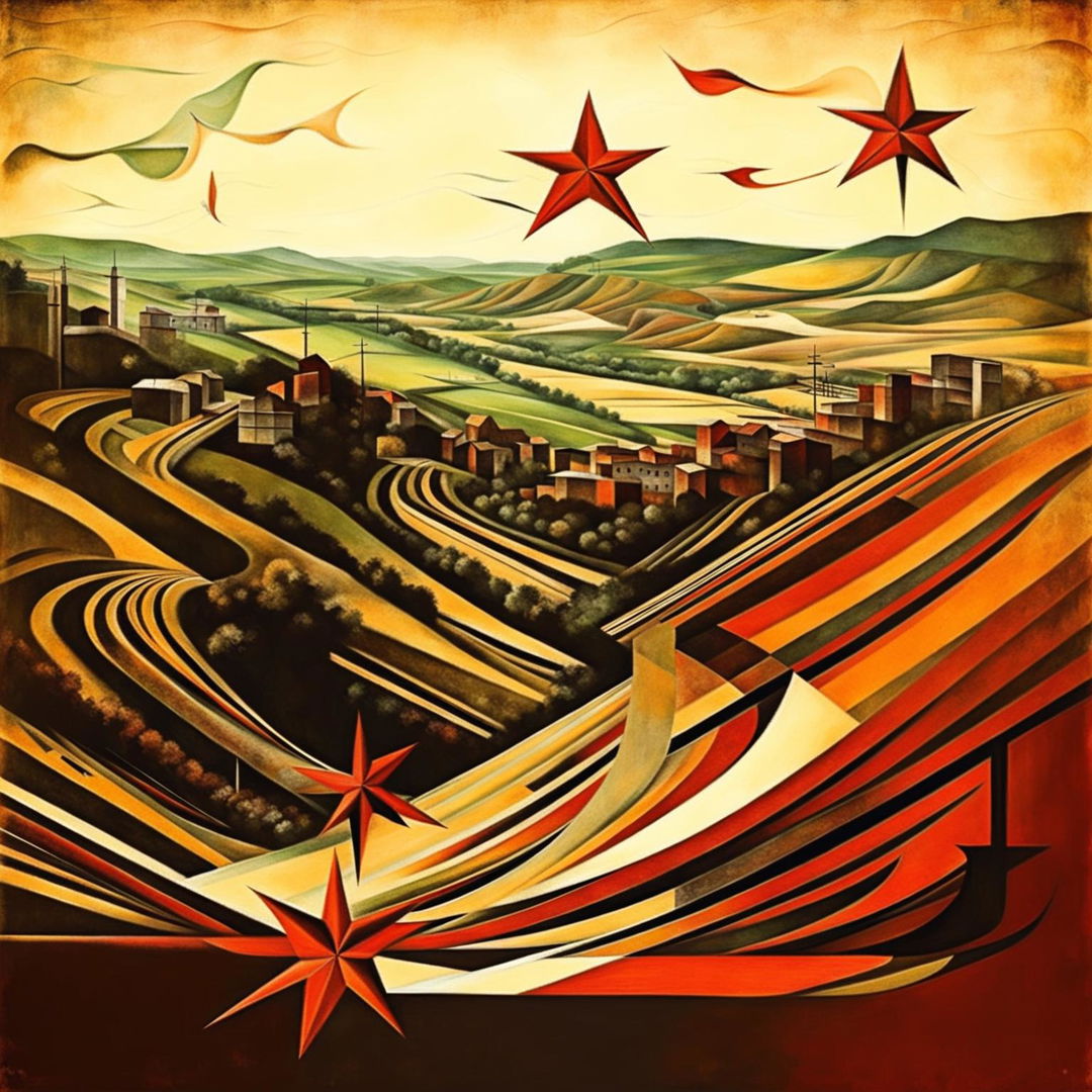 An abstract image of vintage Romania during the Communist era, featuring rolling hills, muted earthy tones, Communist symbols, and a textured, aged appearance to evoke nostalgia and historical depth