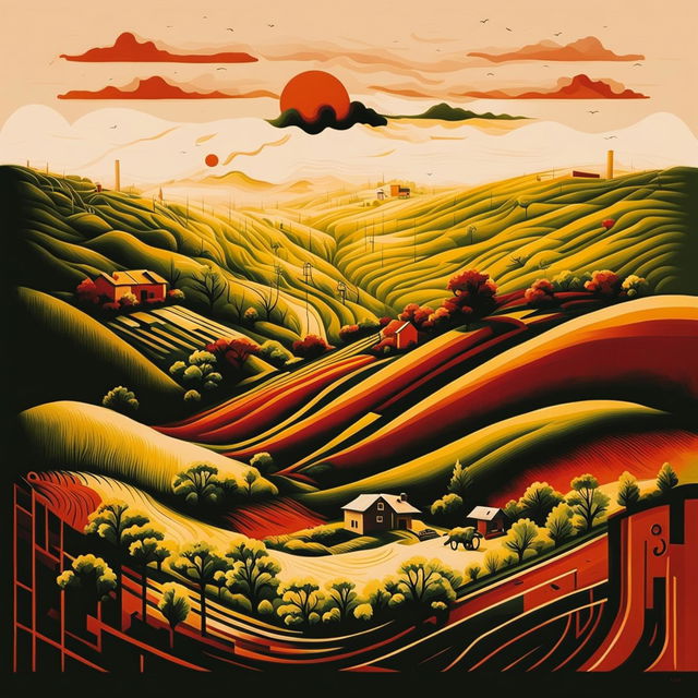 An abstract representation of vintage Romania during the Communist era, featuring rolling hills and rural landscapes, using muted colors and subtle elements like farmhouses and farming tools to evoke resilience and the political atmosphere