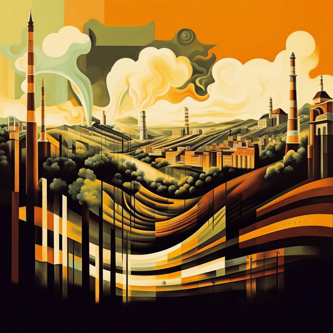 An abstract depiction of vintage Romania during the Communist era, featuring rolling hills, propaganda posters, Soviet symbols, and industrial elements, blending natural beauty with stark Communist imagery