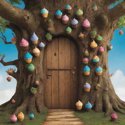 Illustrate the world behind the magical door, filled with extraordinary sights of walking trees and levitating cupcakes, indicative of extraordinary escapades awaiting each day.