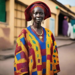 A Senegalese woman in traditional attire stands on a street in Dakar