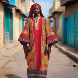 A Senegalese woman in traditional attire stands on a street in Dakar