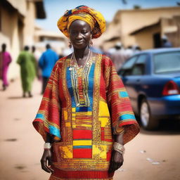 A Senegalese woman in traditional attire stands on a street in Dakar