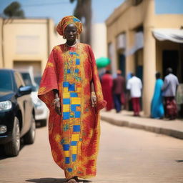 A Senegalese woman in traditional attire stands on a street in Dakar