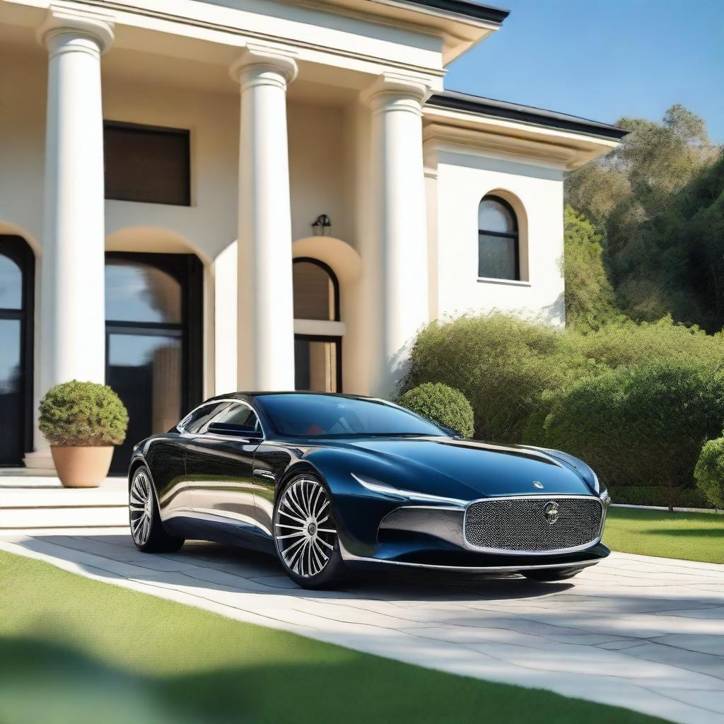 A high-resolution image of a sleek, luxury car parked in front of a modern mansion