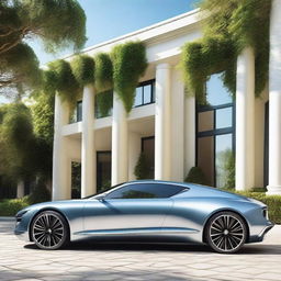 A high-resolution image of a sleek, luxury car parked in front of a modern mansion