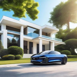 A high-resolution image of a sleek, luxury car parked in front of a modern mansion