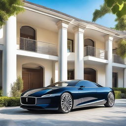 A high-resolution image of a sleek, luxury car parked in front of a modern mansion