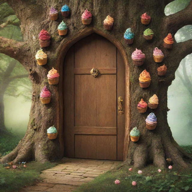 Illustrate the world behind the magical door, filled with extraordinary sights of walking trees and levitating cupcakes, indicative of extraordinary escapades awaiting each day.