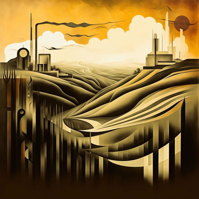 An abstract depiction of vintage Romania during the Communist era, blending romantic rolling hills with elements like industrial buildings and propaganda posters