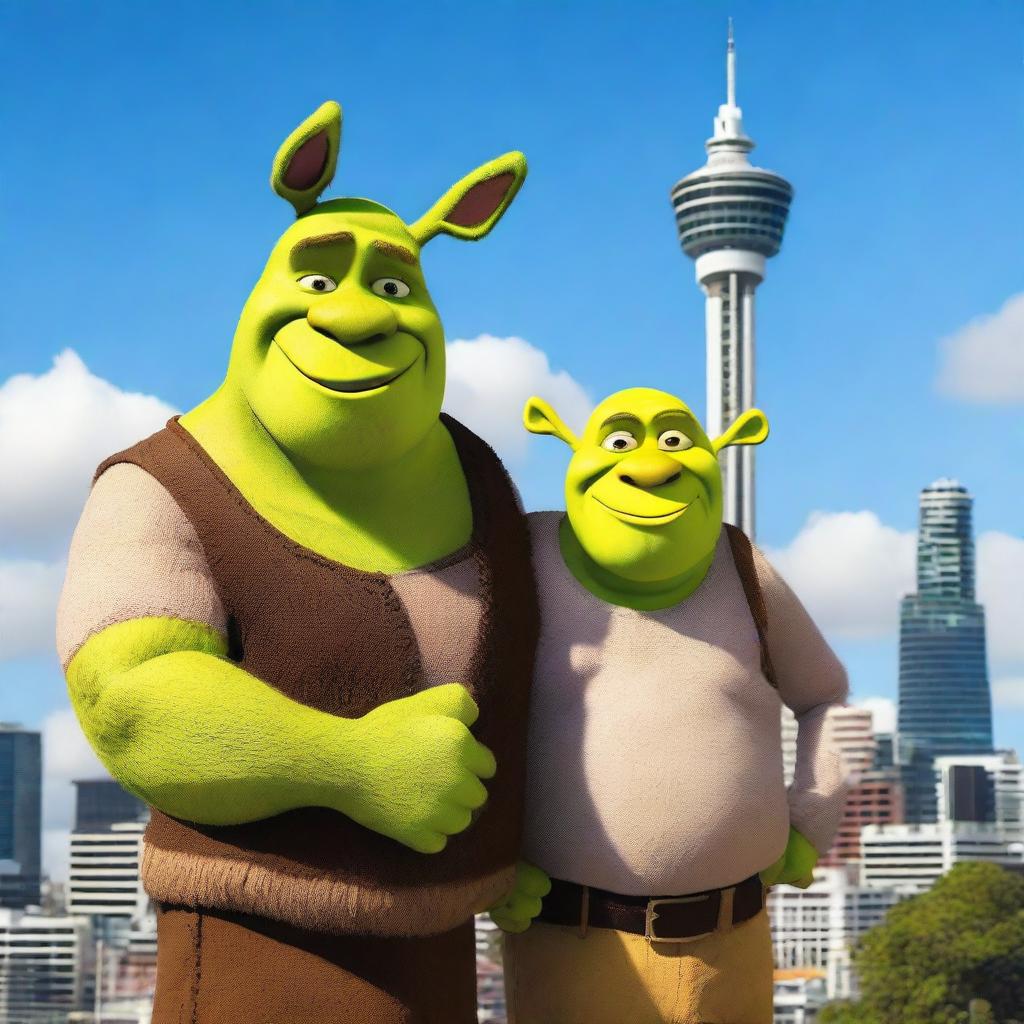 Shrek and Donkey standing together in the city of Auckland, with the iconic Sky Tower visible in the background