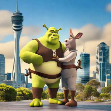 Shrek and Donkey standing together in the city of Auckland, with the iconic Sky Tower visible in the background