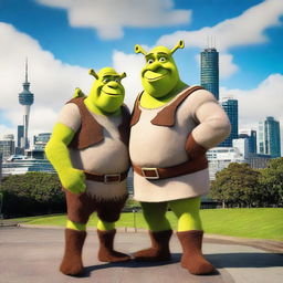 Shrek and Donkey standing together in the city of Auckland, with the iconic Sky Tower visible in the background