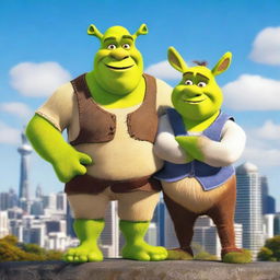 Shrek and Donkey standing together in the city of Auckland, with the iconic Sky Tower visible in the background