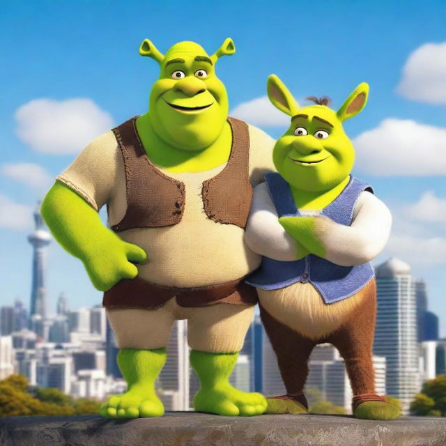 Shrek and Donkey standing together in the city of Auckland, with the iconic Sky Tower visible in the background