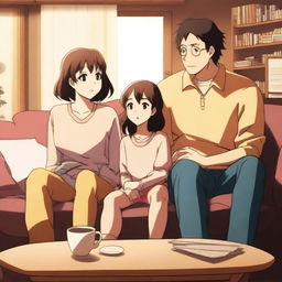 A heartwarming anime scene featuring a mother, father, and their teenage daughter with her autistic half-brother