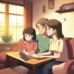 A heartwarming anime scene featuring a mother, father, and their teenage daughter with her autistic half-brother