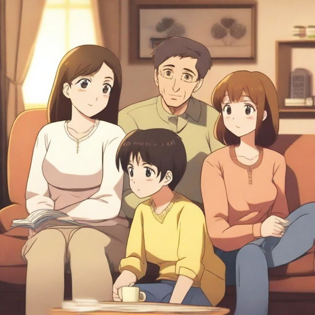 A heartwarming anime scene featuring a mother, father, and their teenage daughter with her autistic half-brother