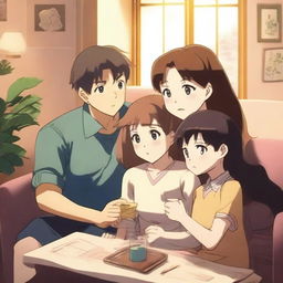 A heartwarming anime scene featuring a mother, father, and their teenage daughter with her autistic half-brother