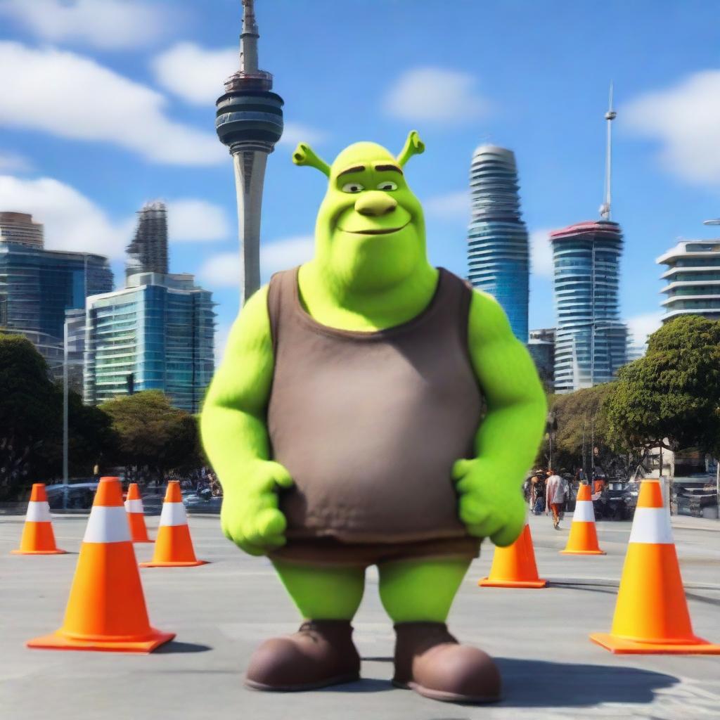 Shrek standing in the city of Auckland, with the iconic Sky Tower visible in the background