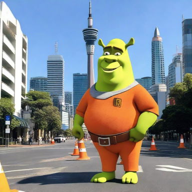 Shrek standing in the city of Auckland, with the iconic Sky Tower visible in the background