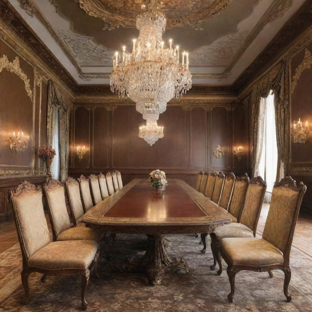 Anime style opulent palace meeting room featuring a long table with six chairs, occupied by six diverse characters, and a king in splendid attire seated at the far end.