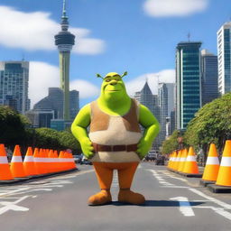 Shrek standing in the city of Auckland, with the iconic Sky Tower visible in the background